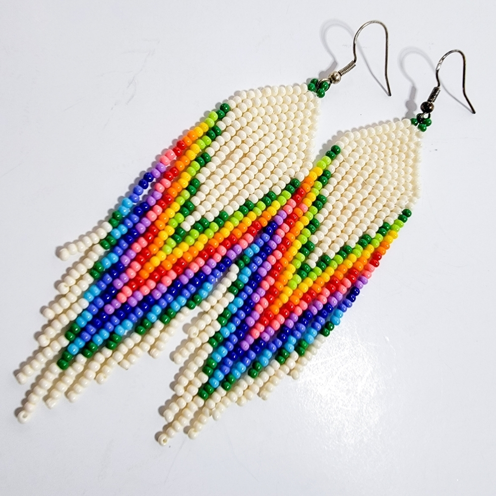 White Rainbow 🌈 Long Fringe Seed Bead Earrings